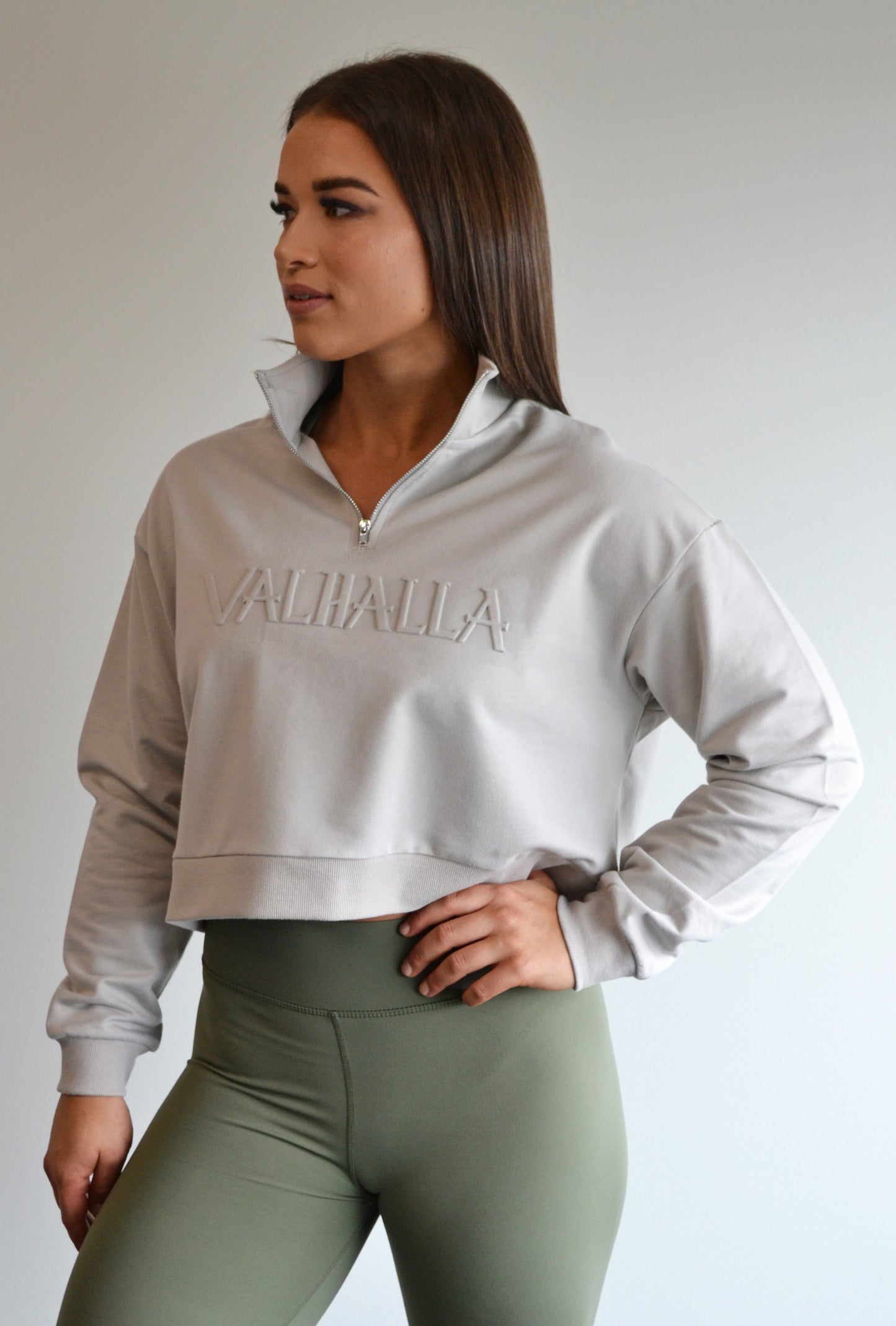 Grey Embossed Quarter Zip Cropped Pullover