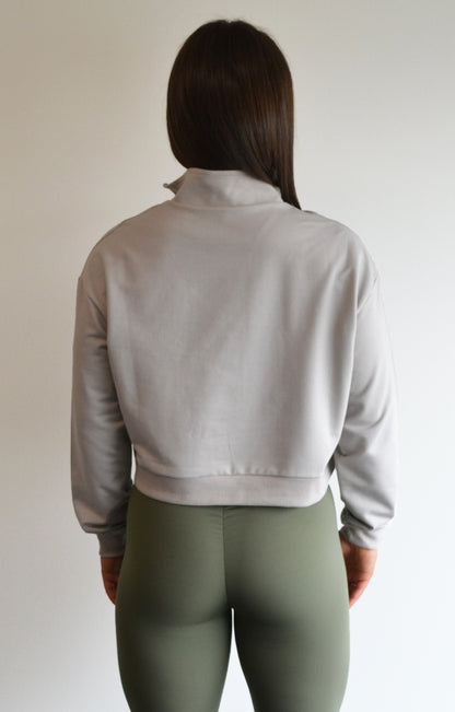 Grey Embossed Quarter Zip Cropped Pullover